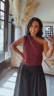 Wine Chic One Shoulder Loose Fit Blouse