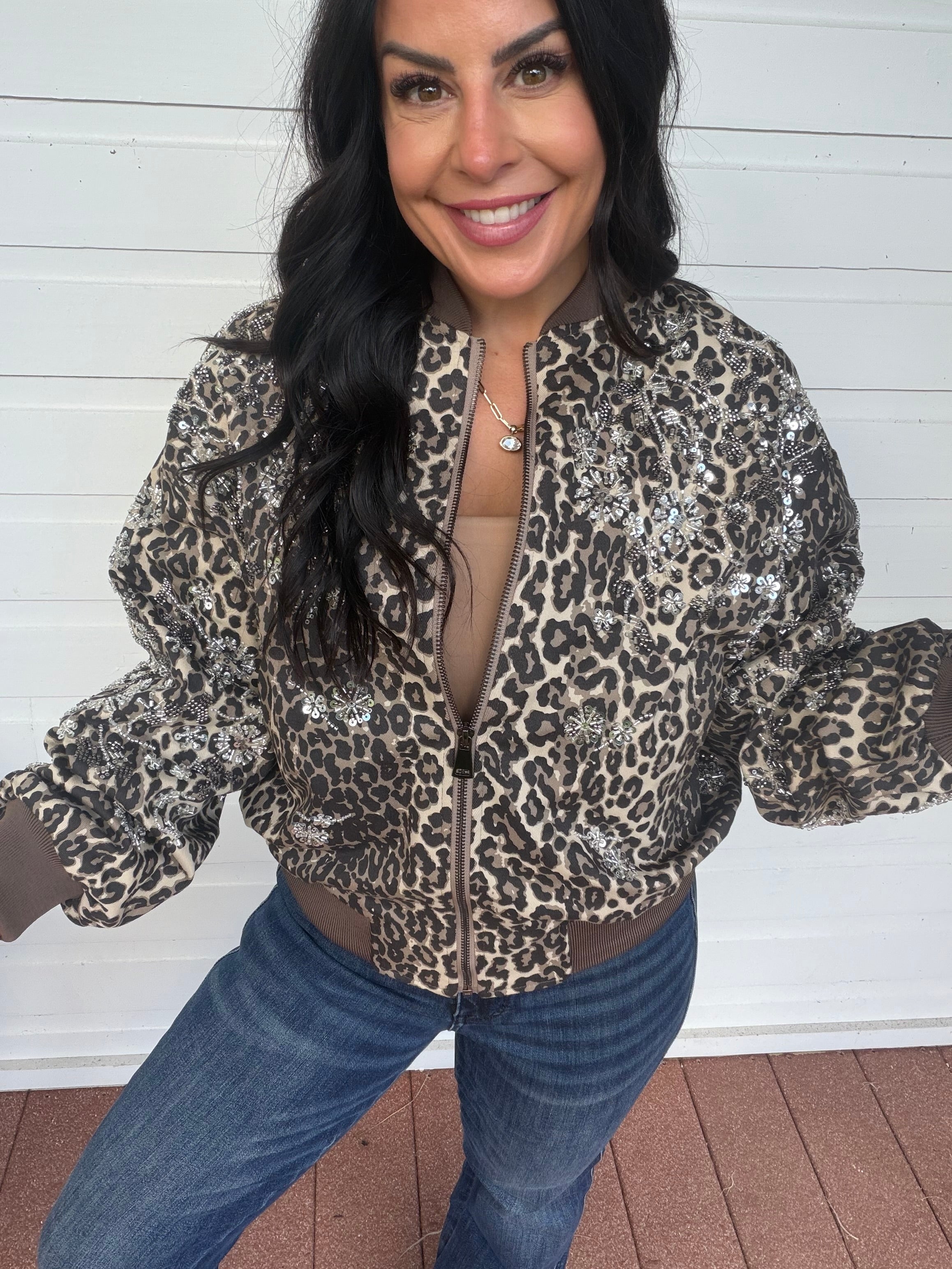 Wildly Glam Silver Embellished Cheetah Zip-Up Jacket