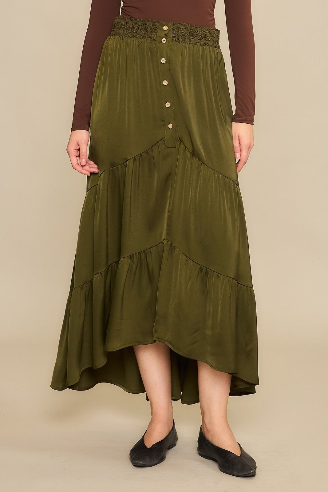 Cozy Co Olive Tiered Ruffled Maxi Skirt
