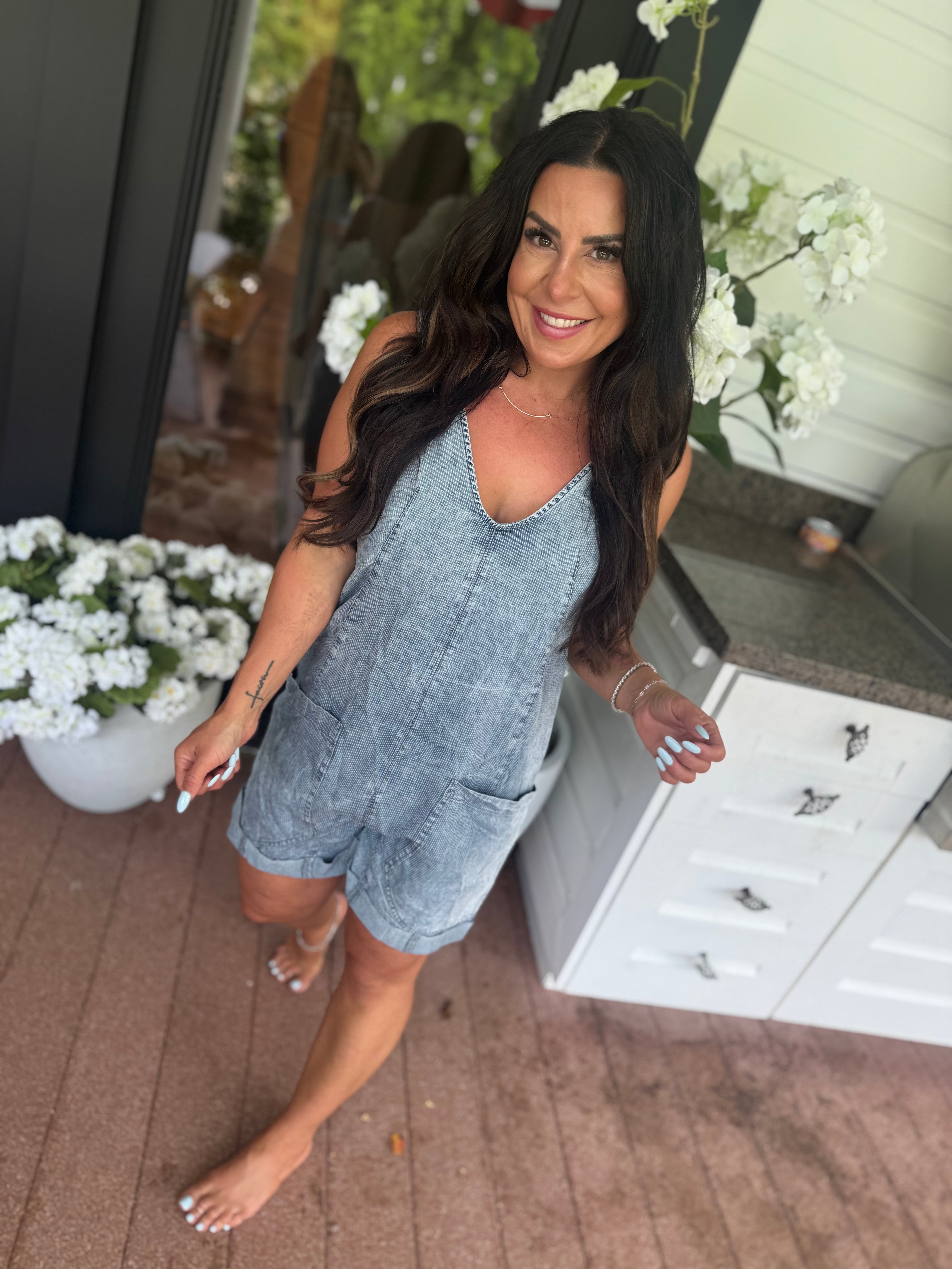 Navy and White Striped Romper