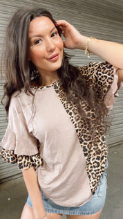 Mocha And Leopard Ruffle Sleeve Top *Final Sale*