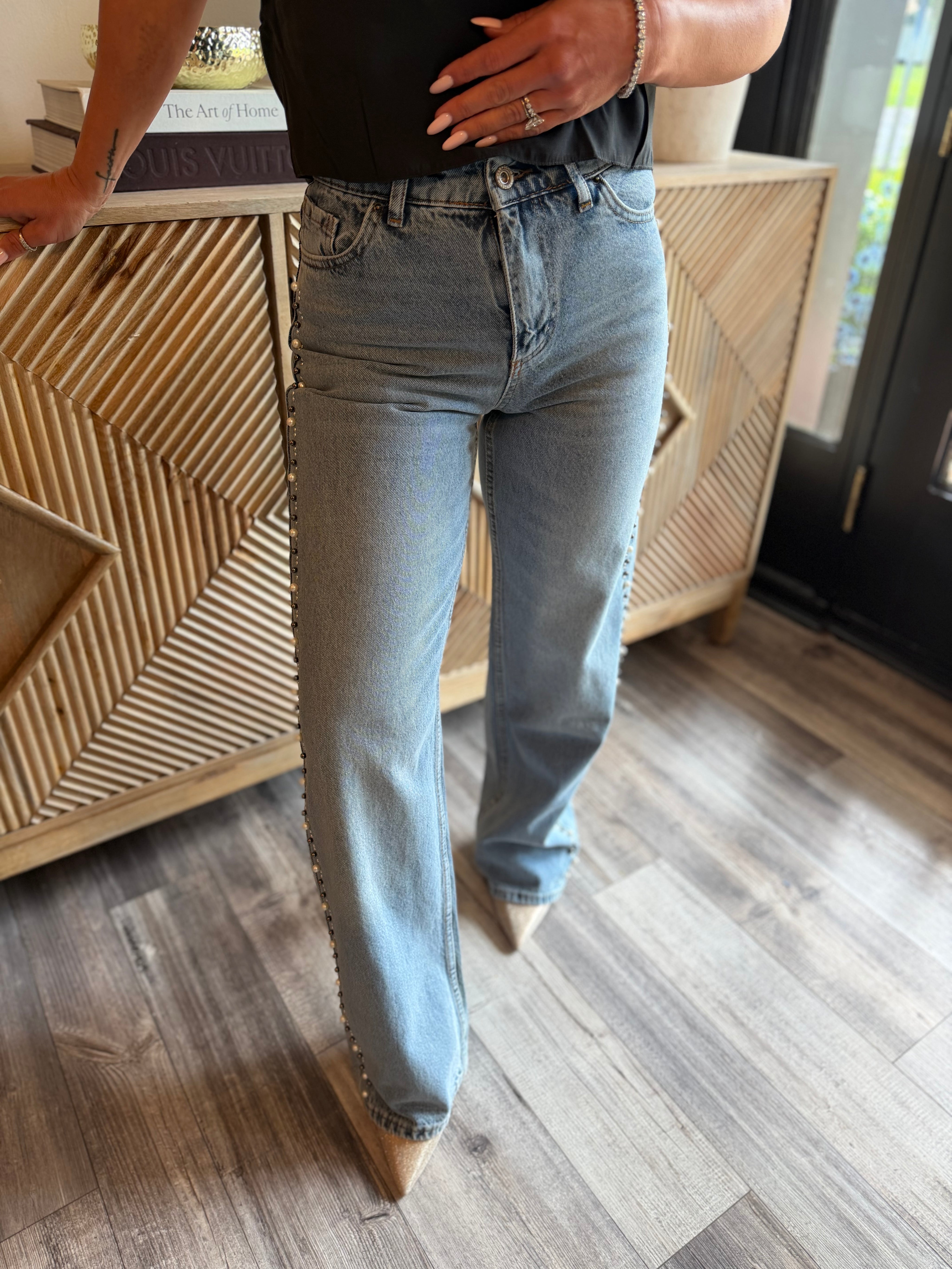 Straight Leg Pearl Embellished Jeans