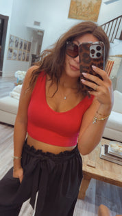 Yelete Fuschia Ribbed Deep Scoop Cropped Tank Top w/ Reversible Neckline