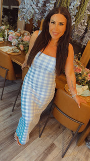 Blue  and White Gingham Luxe Midi Dress Stich and Co
