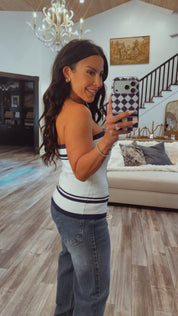 Chic Cream and Navy Strapless Knit To p