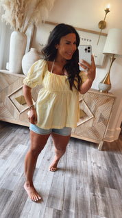 Chic Yellow Puff Sleeve Open Back Blouse Cozy Co