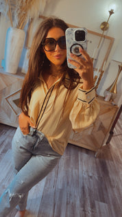 Chic Oatmeal and Black Button Up Top