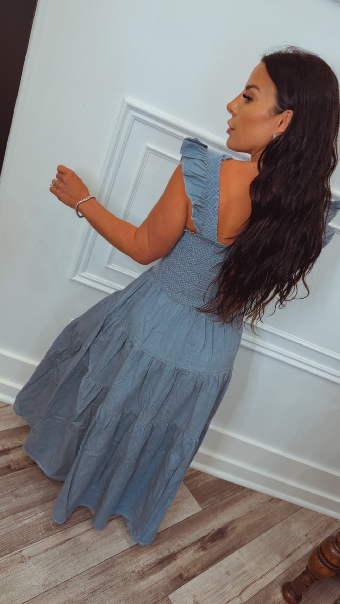 Stitch and Co Chic Denim Ruffled Tiered Midi Dress
