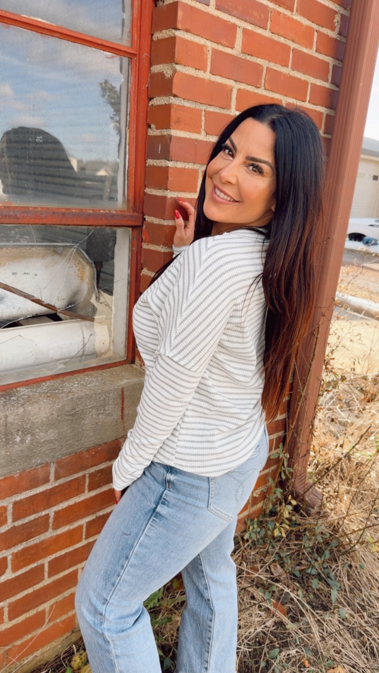 Grey and White Striped Lightweight Long Sleeve Top