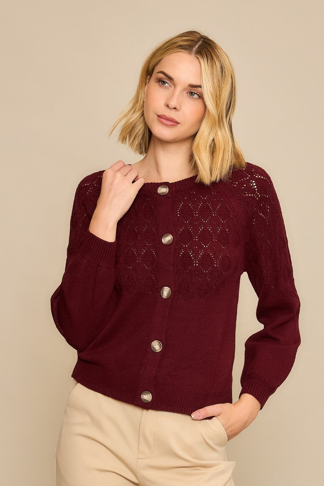 Cozy Co  Quilted Burgundy Button Up Cardi
