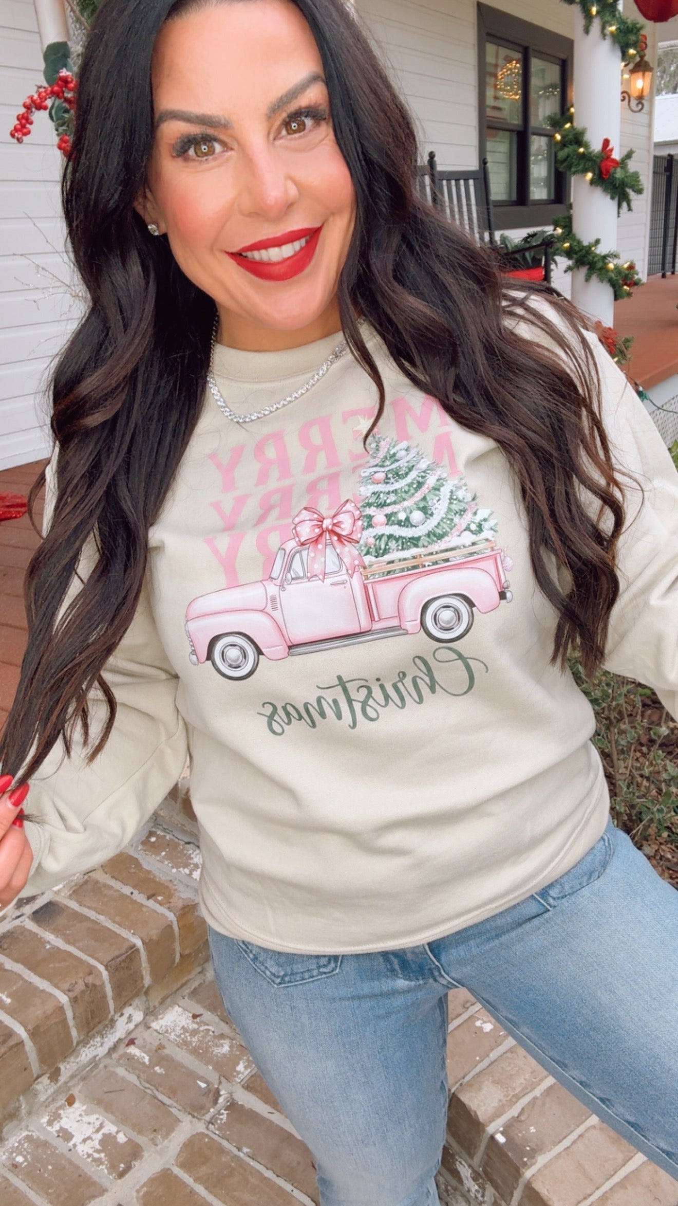Taupe And Pink Merry Christmas Farm Truck Crewneck