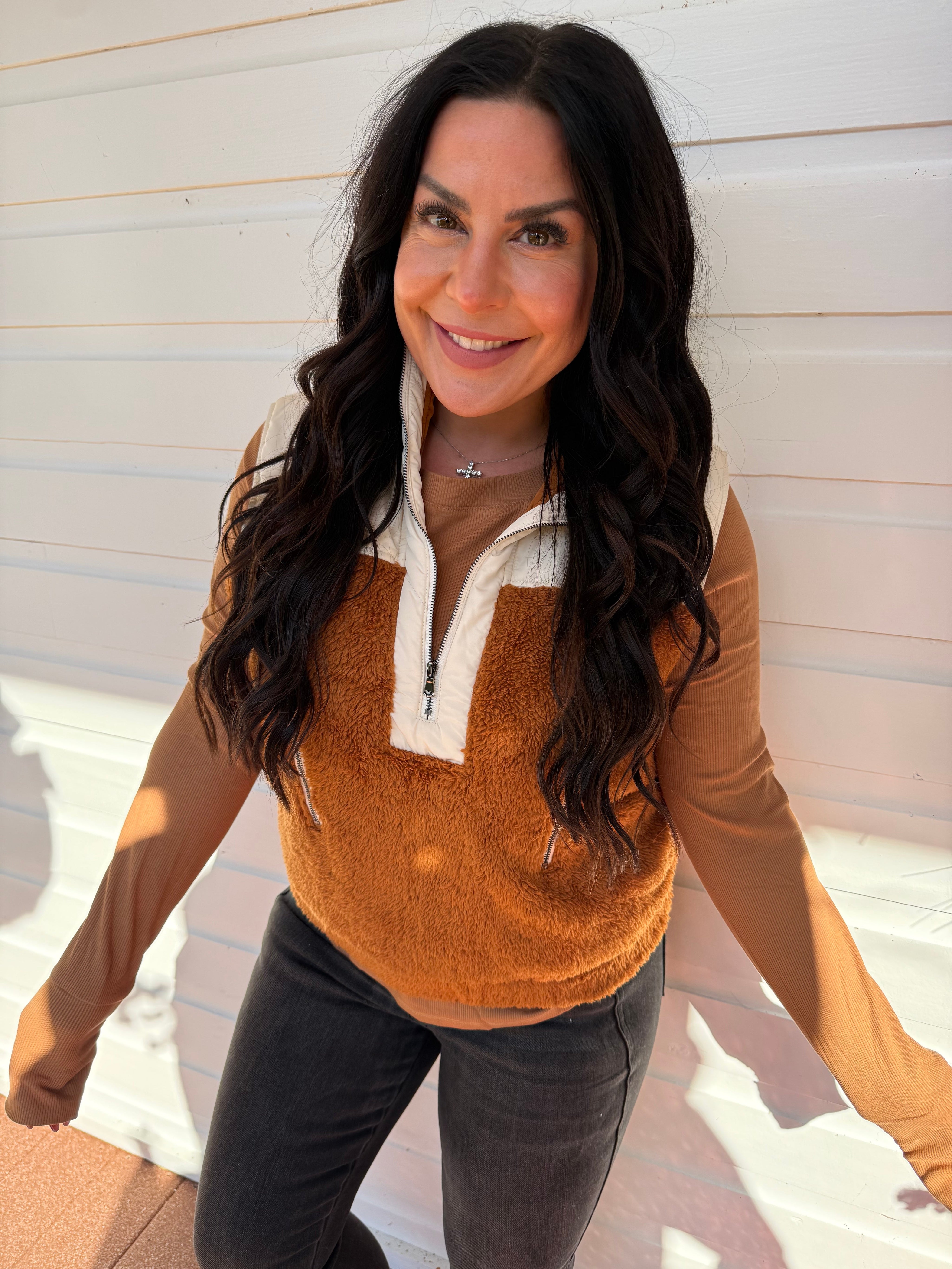 Chic Cream and Brown Puff 1/4 Zip Vest