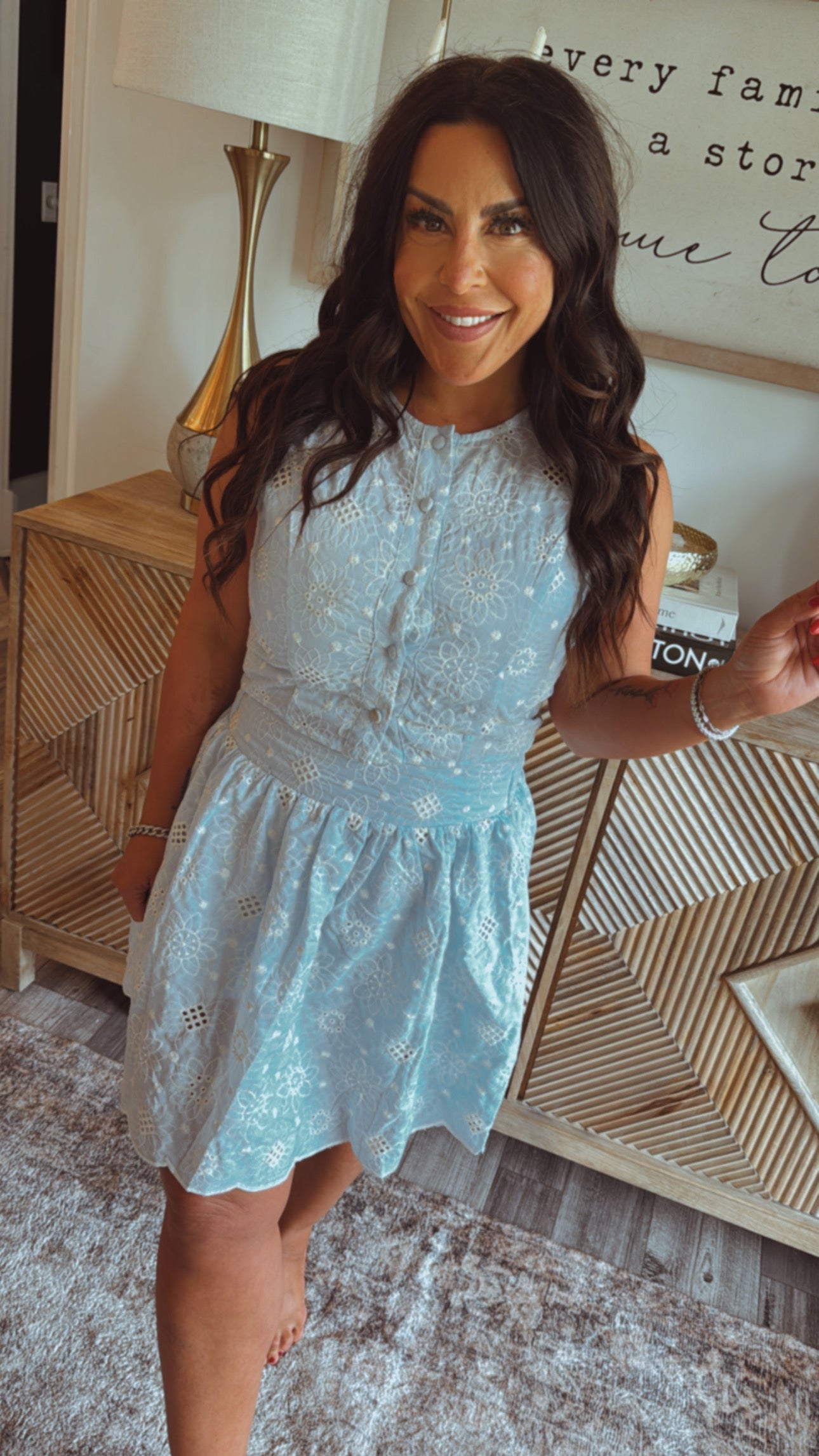 Blue and White Eyelet Lace Two Piece  Set top and Skirt