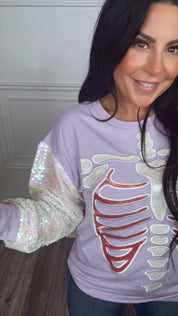 Spooky Purple Skeleton Long Sleeve Sequin Crewneck
