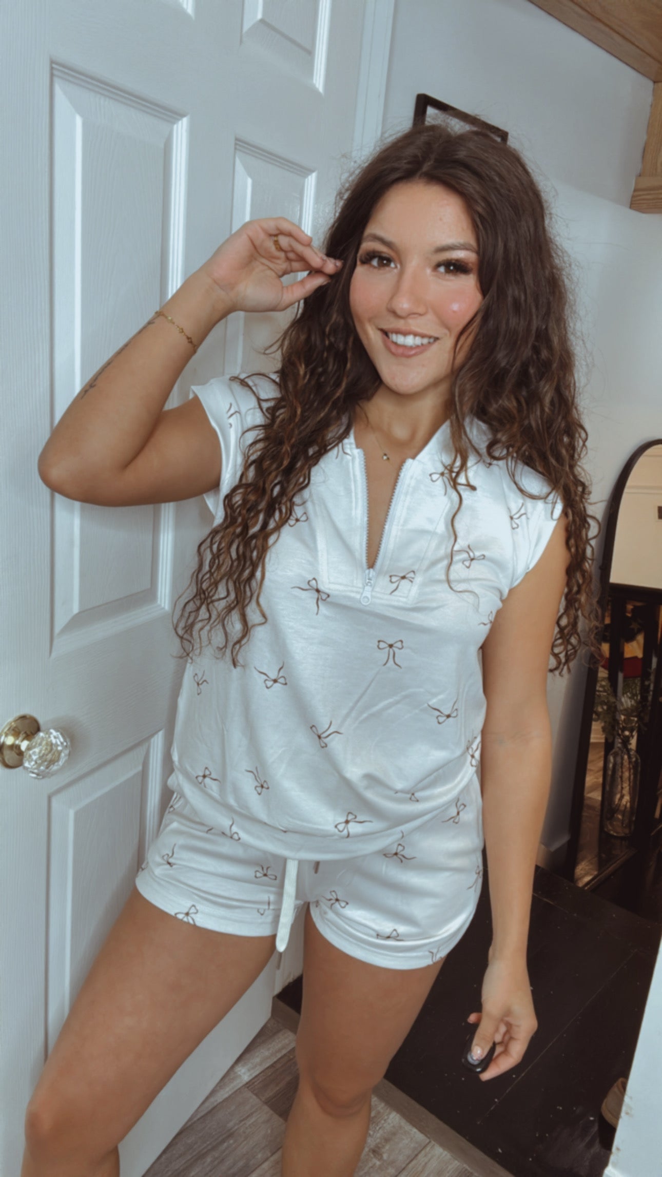 Ultra Soft White Abd Brown Bow Top and Shorts Set