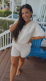 Soft Cream Textured neck And Shorts Set