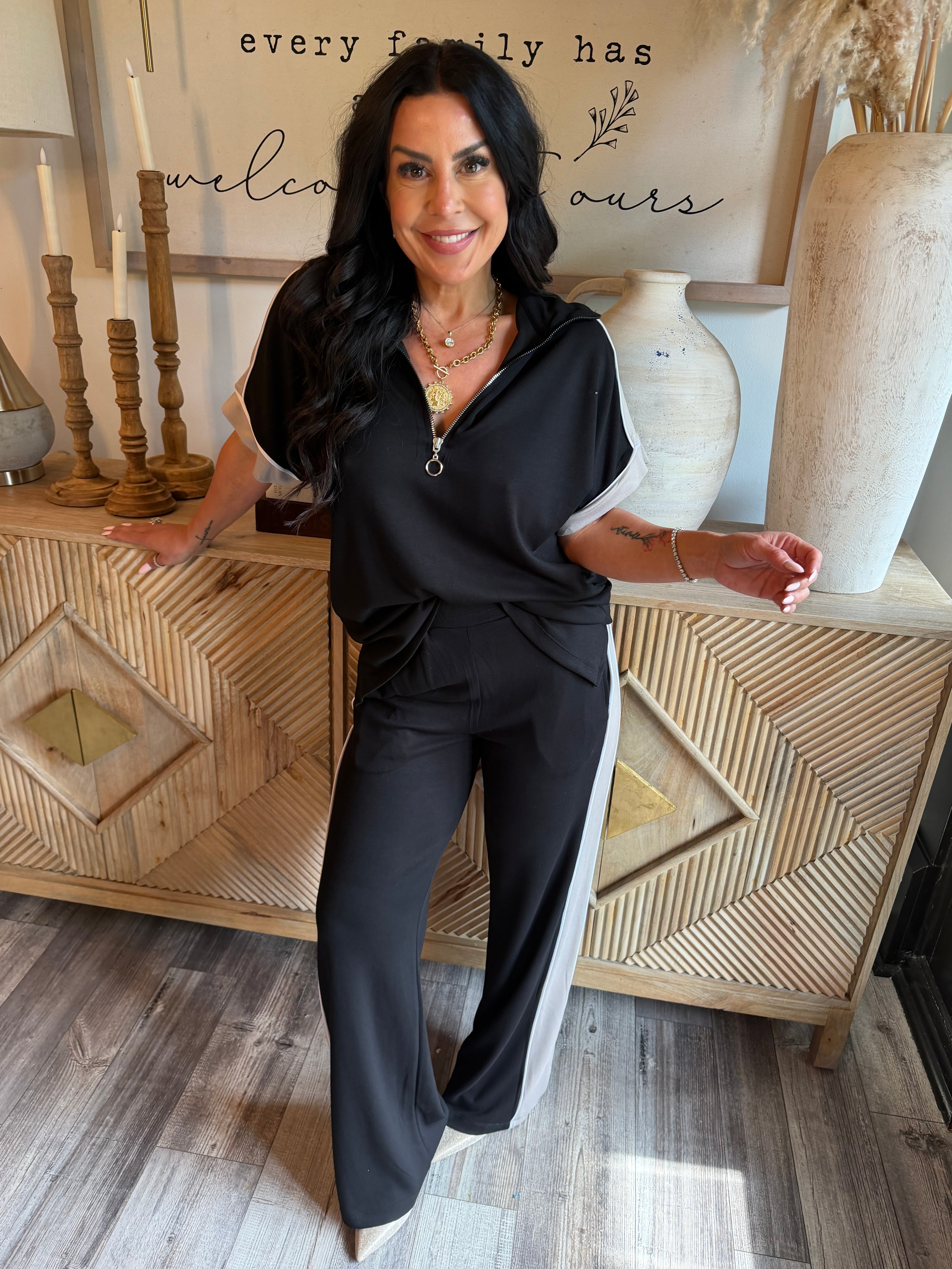 Luxe Black And Taupe Set Top and Straigt Leg Jogger Set