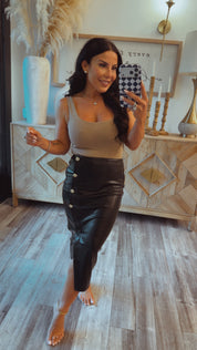 Chic Black Faux Leather Skirt With Gold Buckle