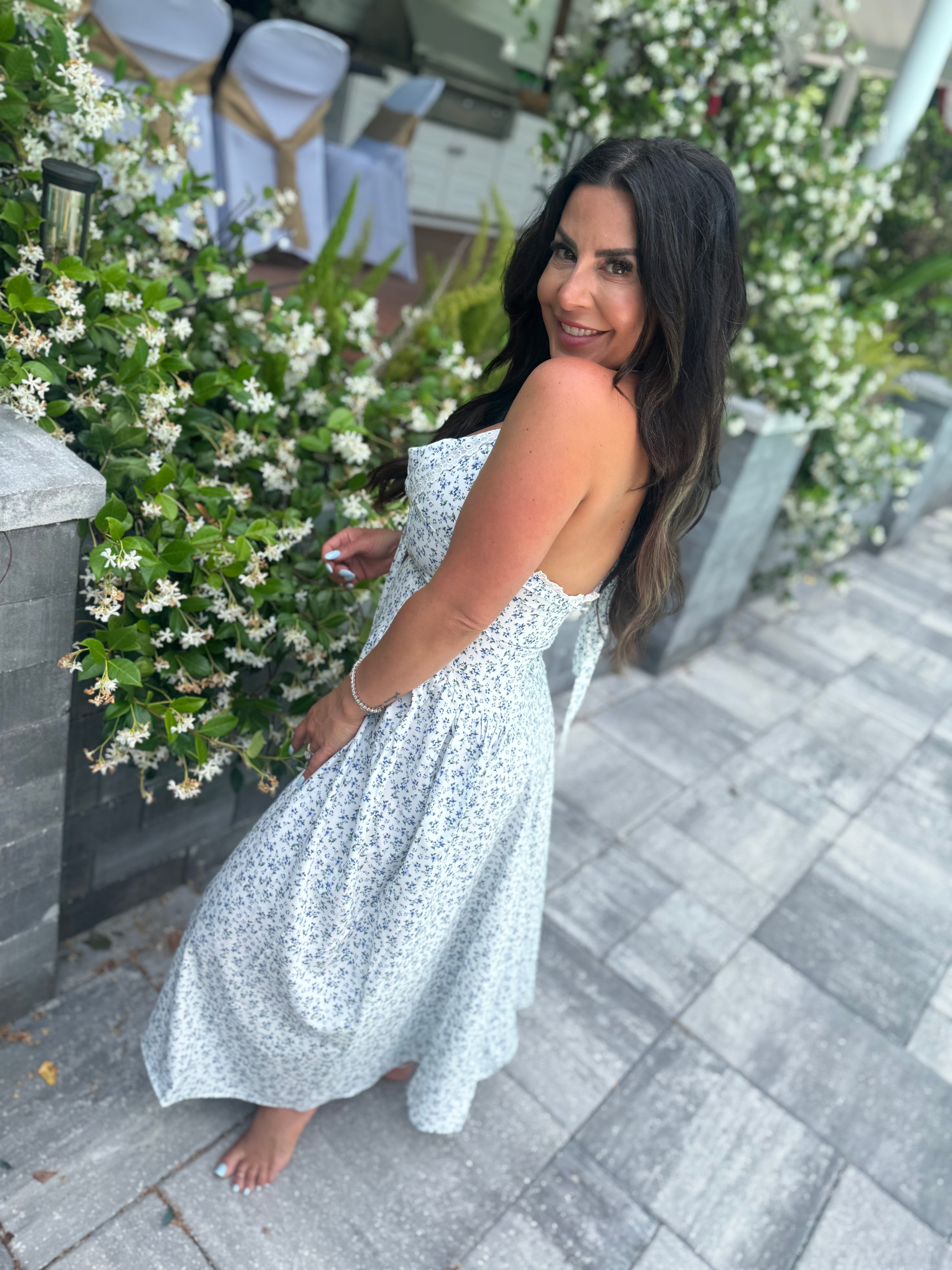 White And Floral Long Flowy Halter  Dress