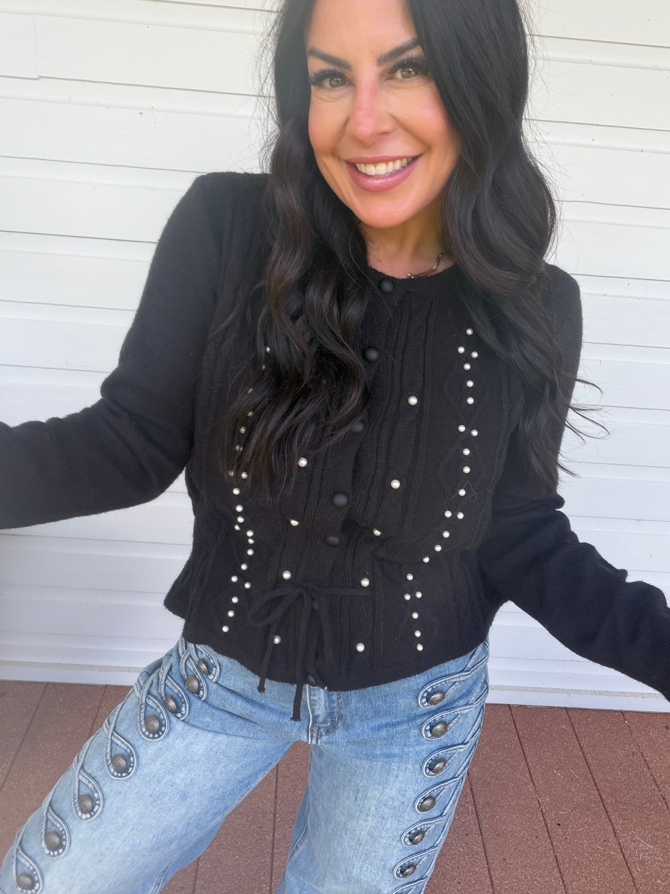 Black Pearl Studded Button Up Cardi