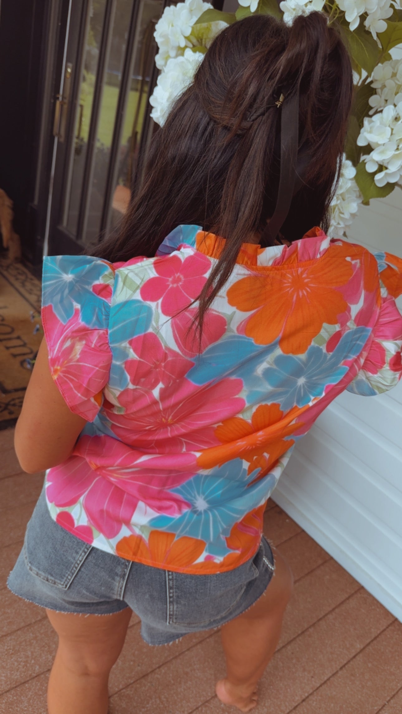 Pink and Blue floral Ruffle Sleeve Key Hole Tie Top