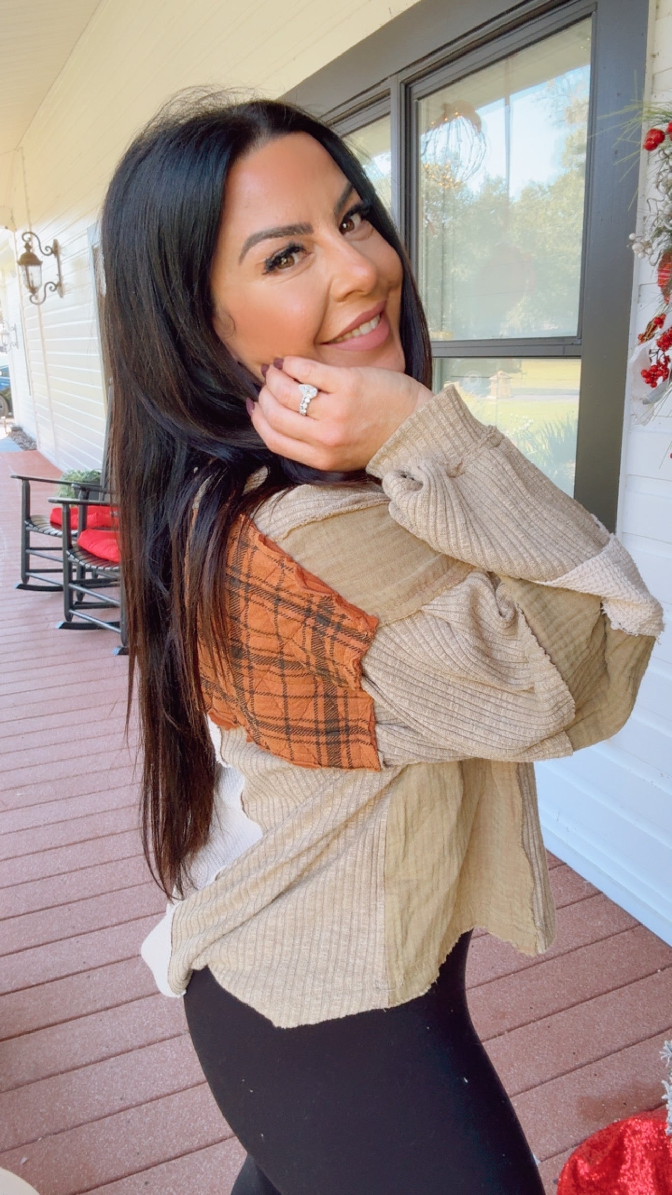 POL Olive and Rust Plaid V-neck Long Sleeve Top