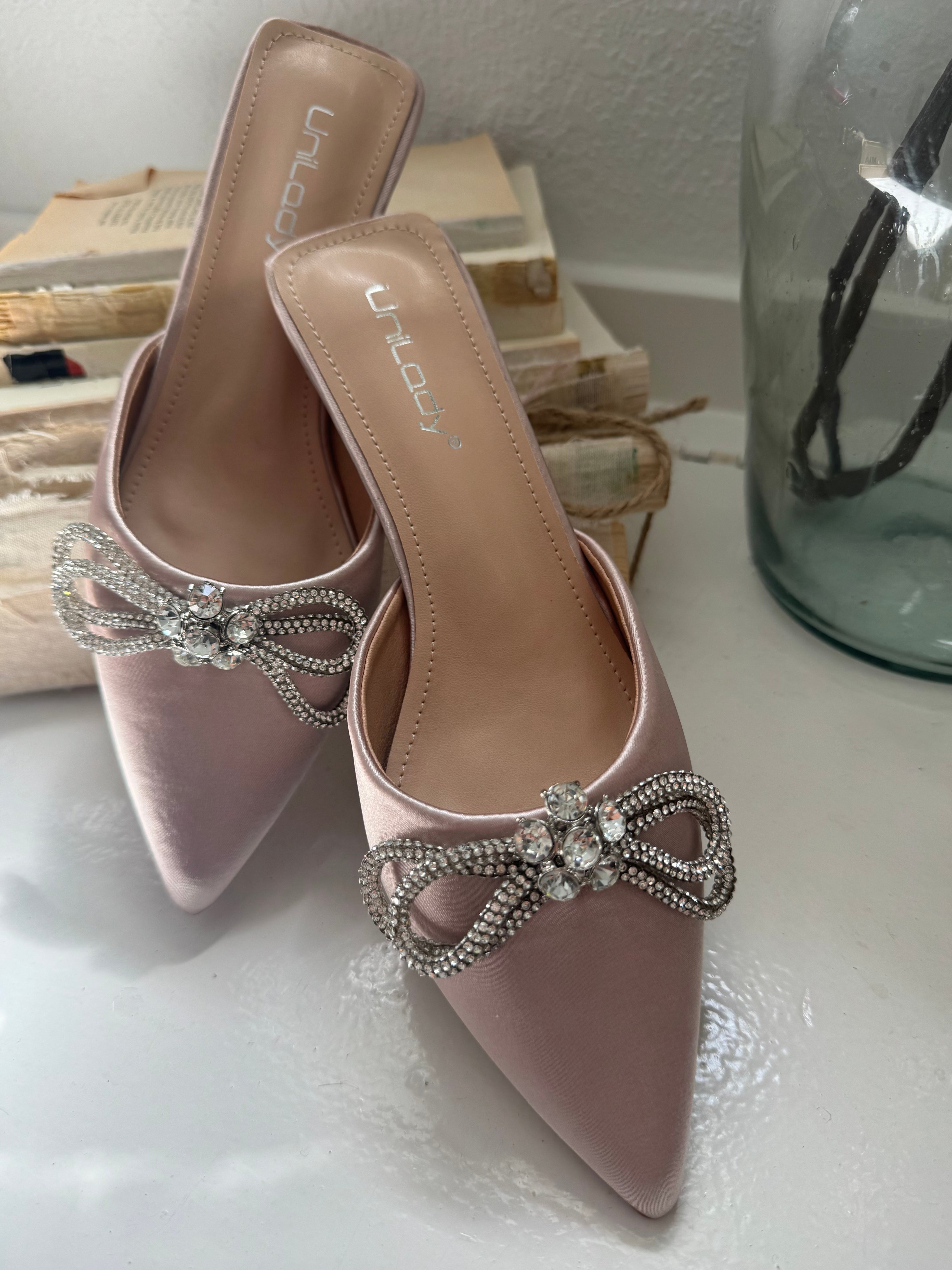 Nude Silk and Crystal Bow Heels