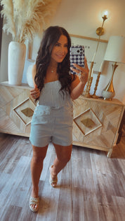 Blue and White Striped Overall Romper