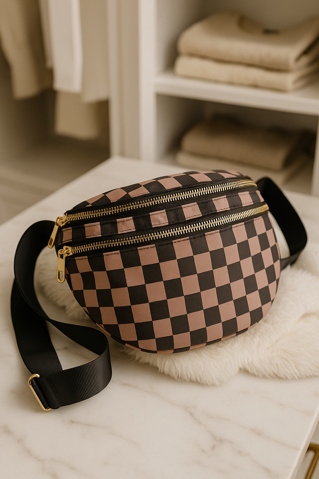 Brown and black checkered Bum Bag