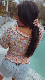 Chic Multifloral Smocked 3/4 Loose Fit Top
