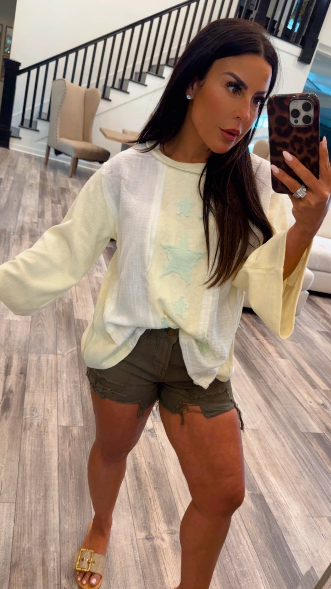 Yellow Green Star Patch Long Sleeve POL Top