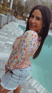 Chic Multifloral Smocked 3/4 Loose Fit Top