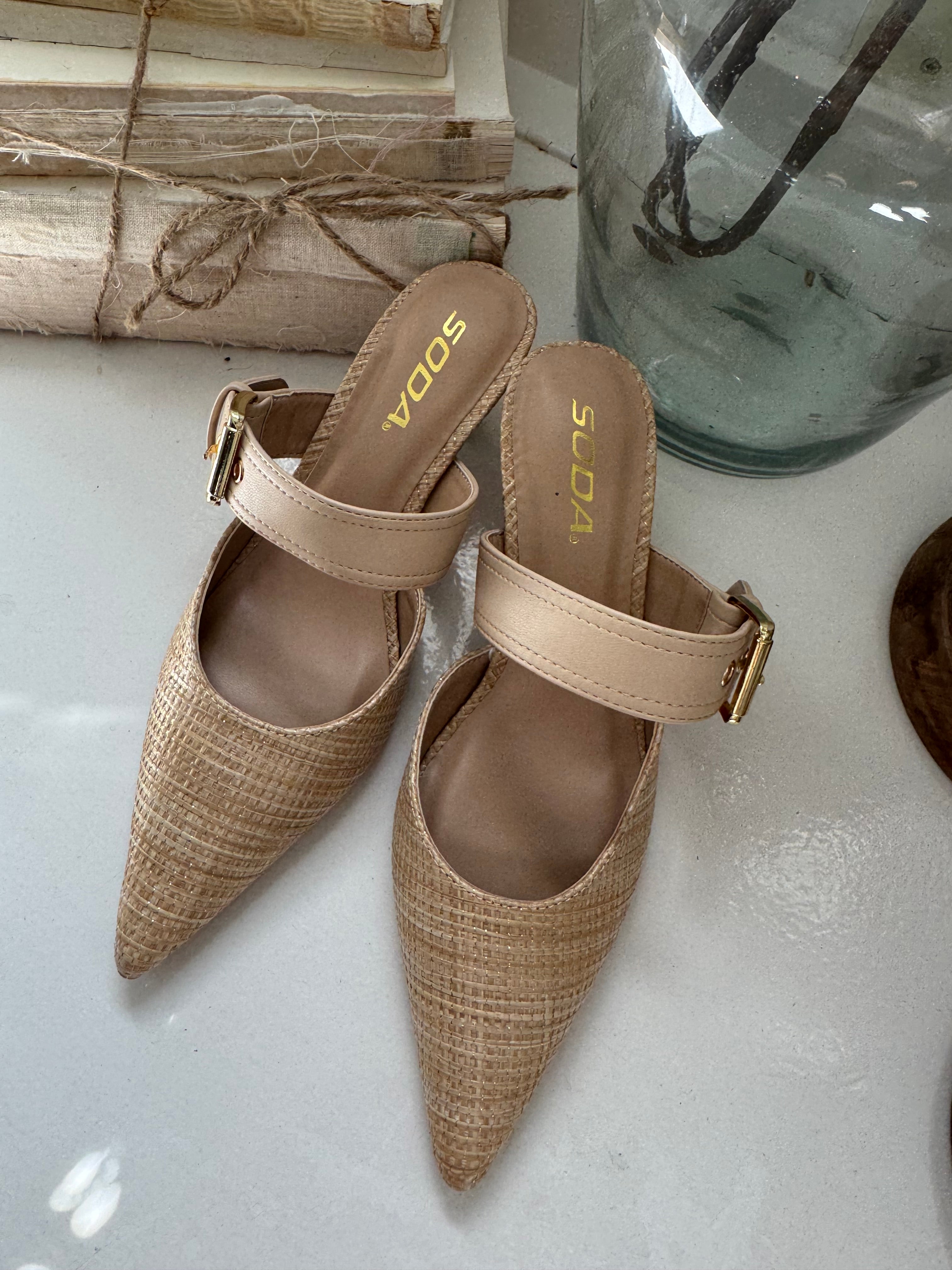 Gold and Natural Point Toe heels