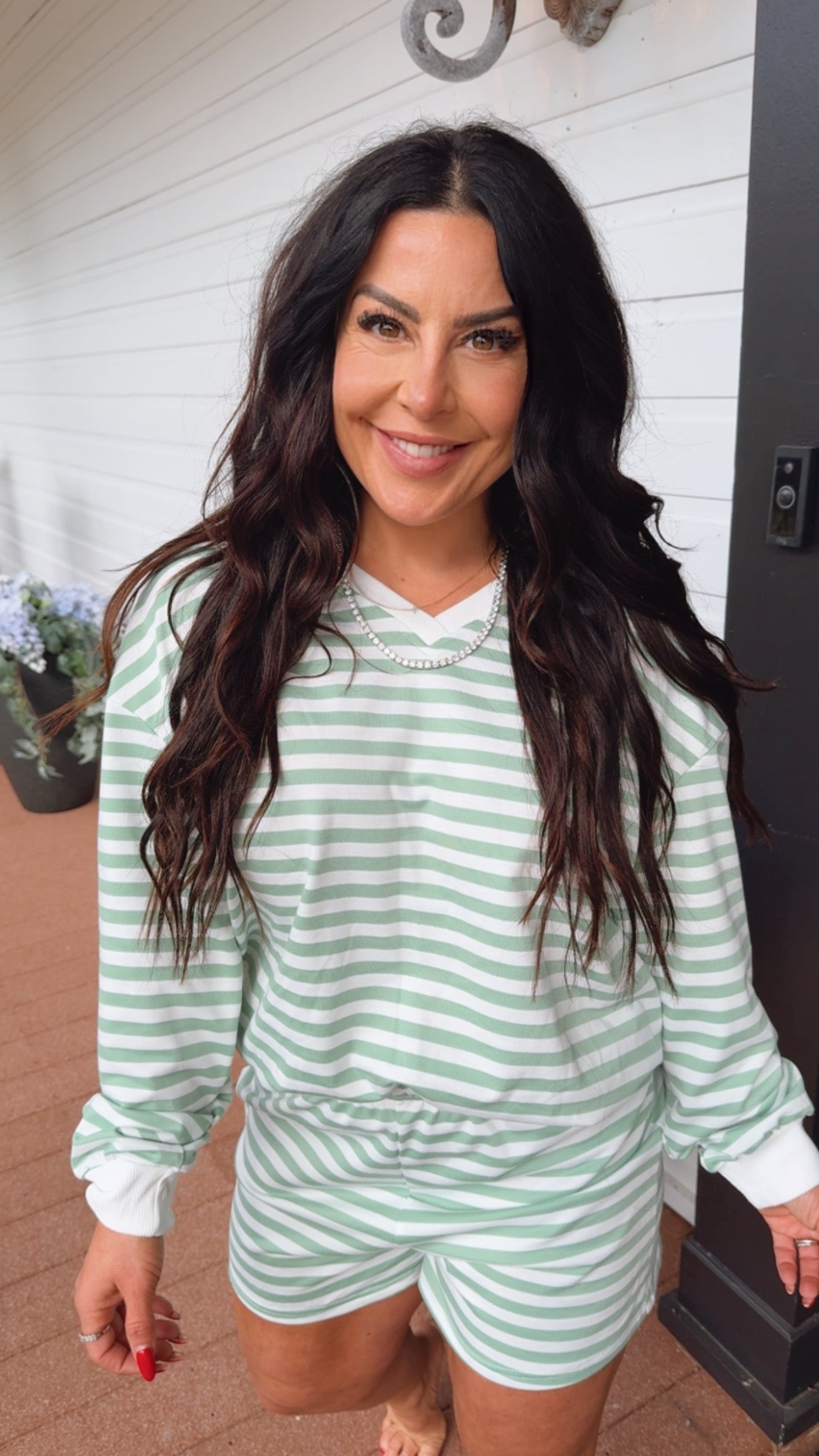 Cozy Long Sleeve Sage and White Stripe Set Long Sleeve Top and Shorts