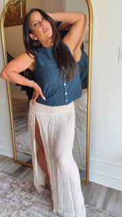 Light Navy Lace Button Up  Elegant  Top