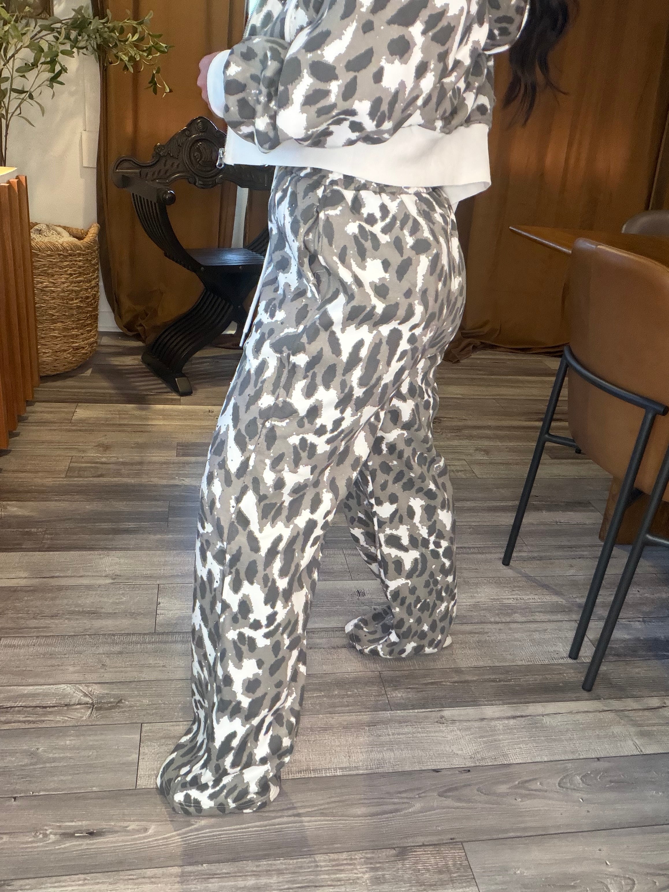 Diva Snow Leopard Crystal Embellished Two Peice Set Hodie and Joggers