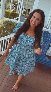 Chic Blue and White Floral Puff Sleeve Dress-DEA; OF THE DAY