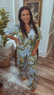 BLue and Tropic Floral Set Button Up Shirt and Pants