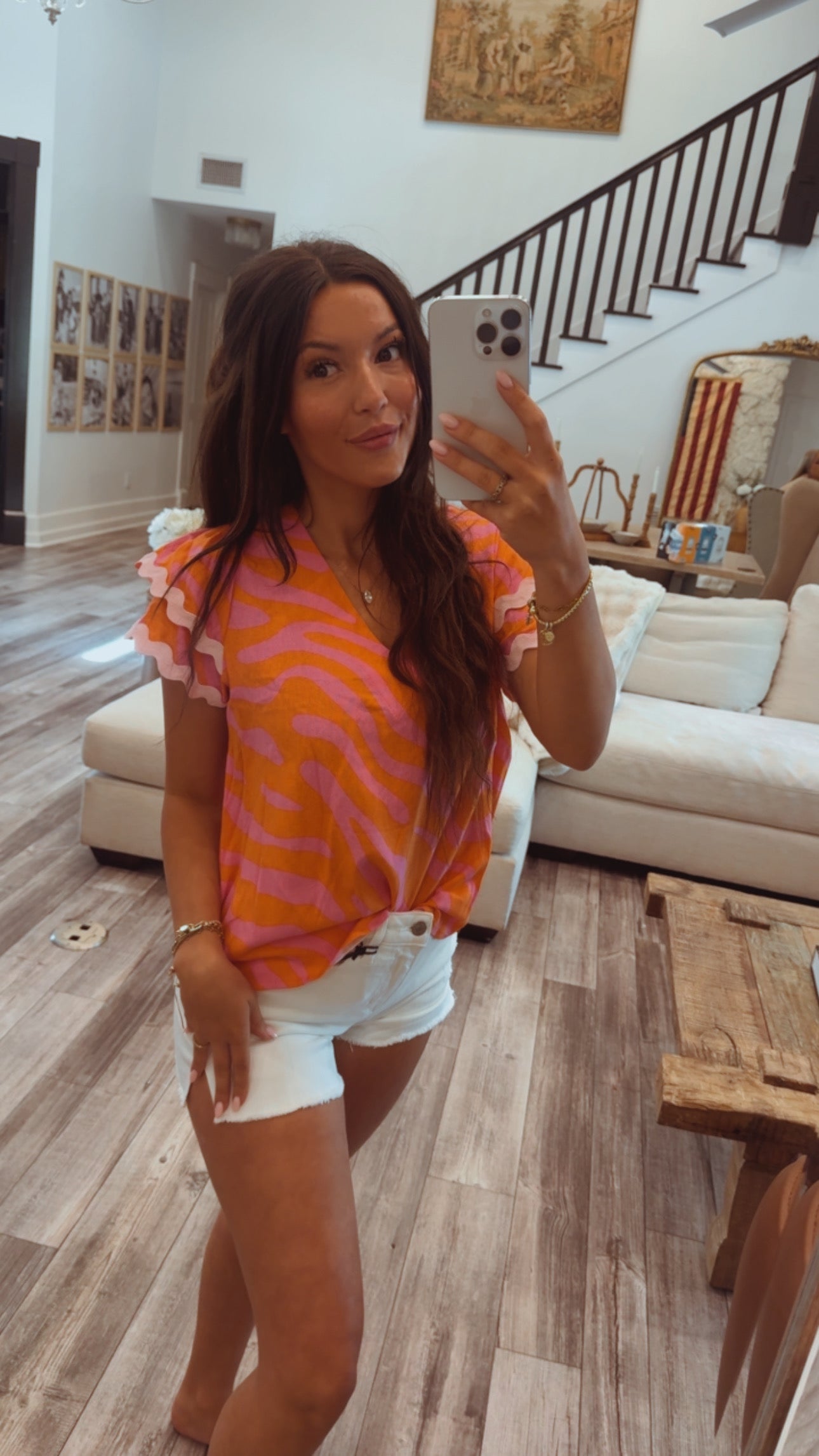 Orange Pink Vneck Linen Top
