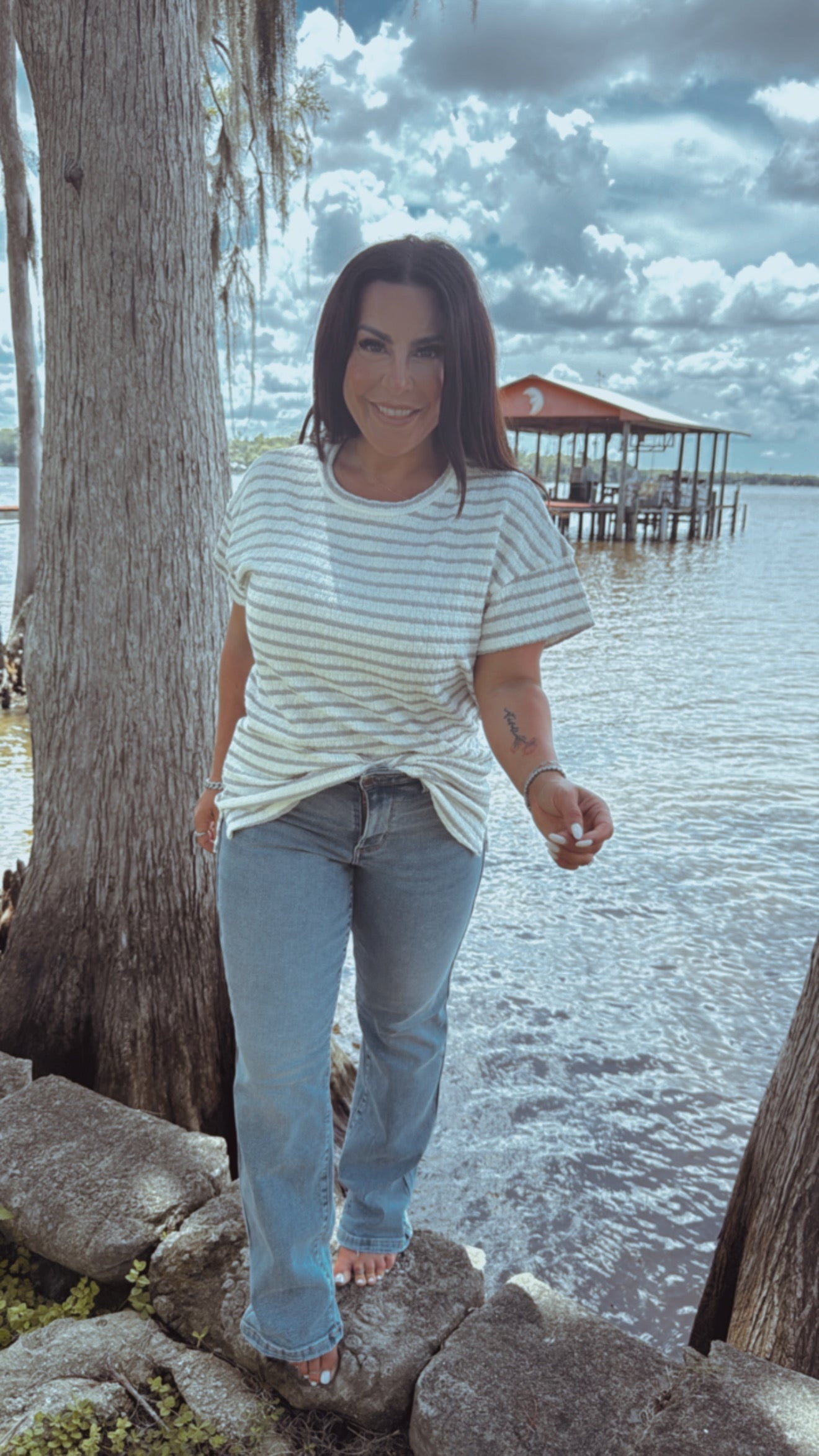 Taupe and Grey Stripe Short Sleeve Knit Textured Top