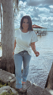 Taupe and Grey Stripe Short Sleeve Knit Textured Top