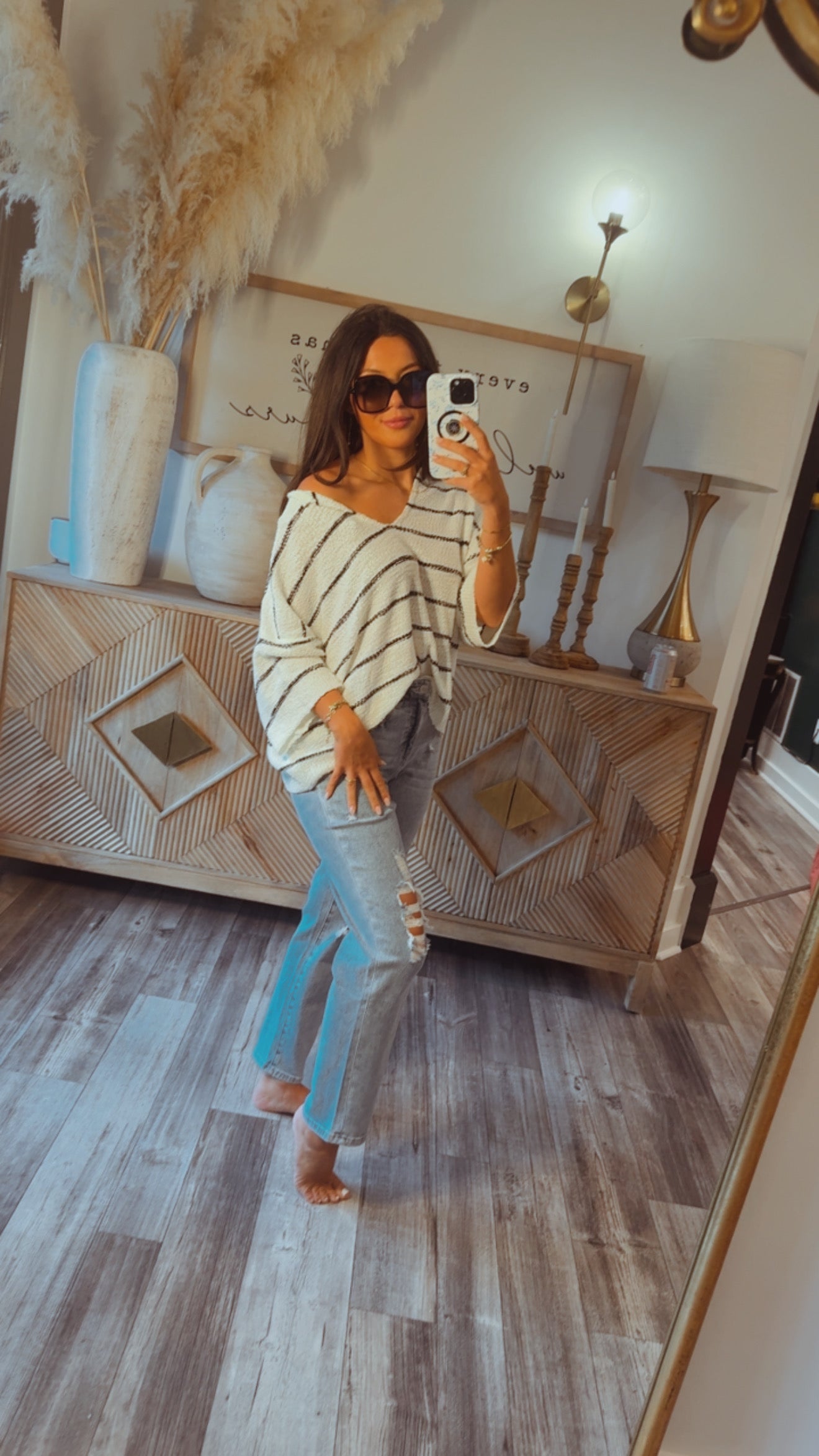 Chic Boxy Knit Cream and Black Striped Top