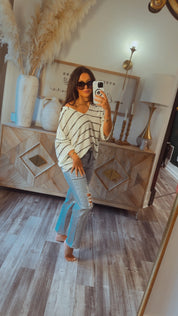 Chic Boxy Knit Cream and Black Striped Top