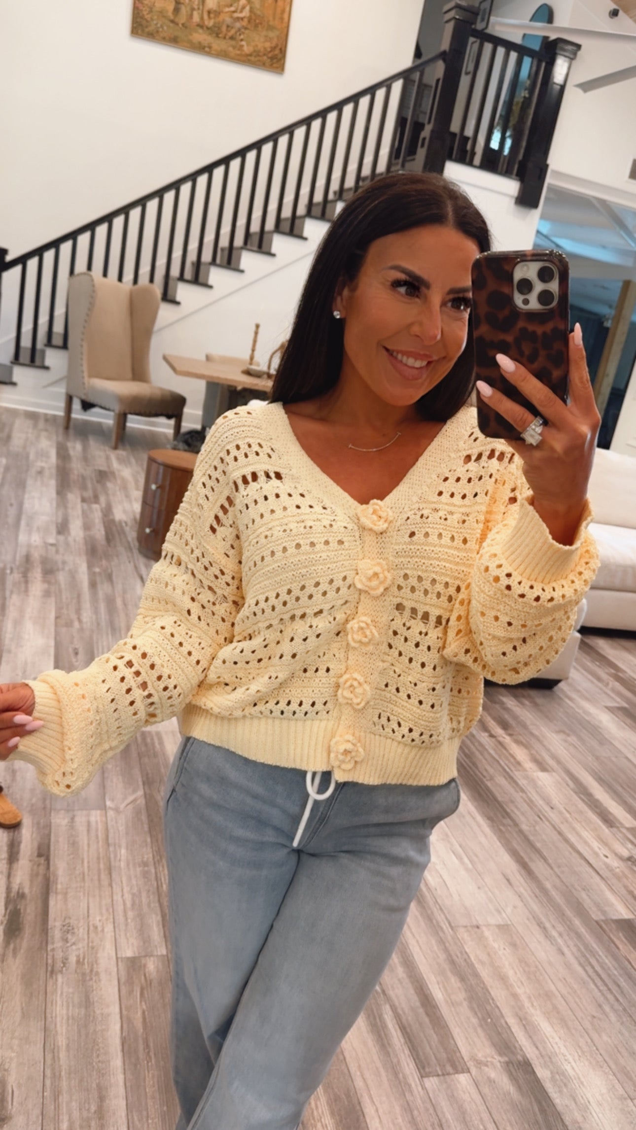 Ultra Soft  Yellow Knit Floral Button Pol Cardi