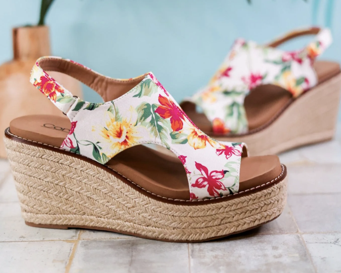 Corky White Floral Freddie Wedges