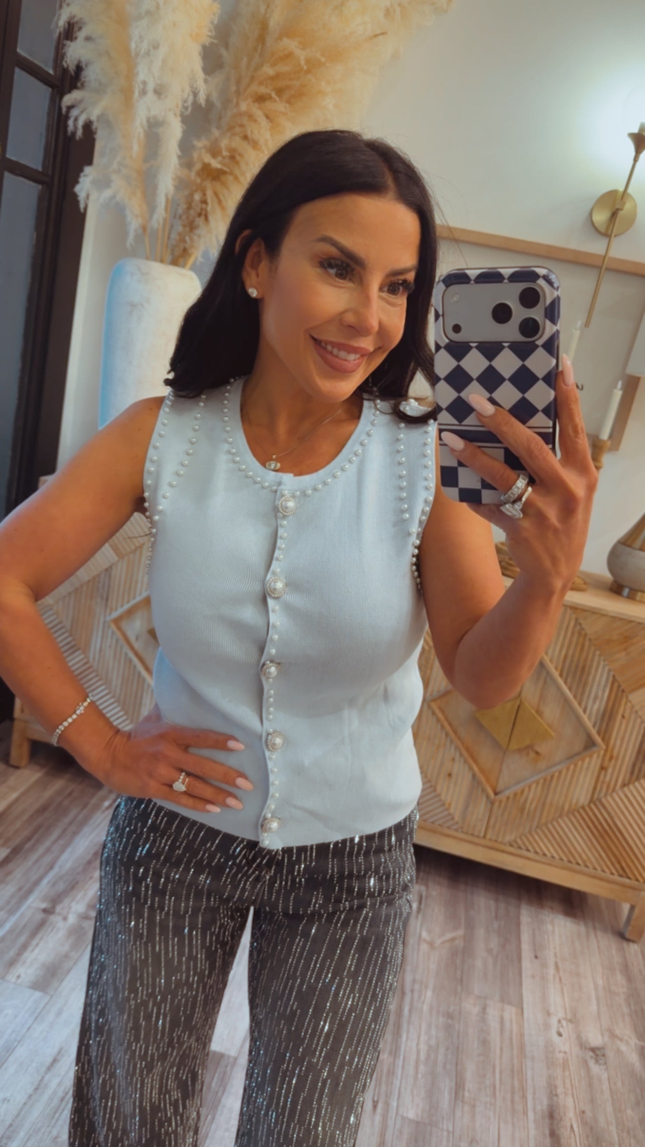 Chic Pearl Embelished  Knit Sleevless Top