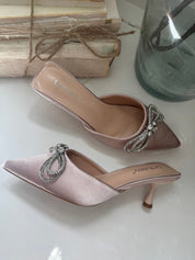 Nude Silk and Crystal Bow Heels