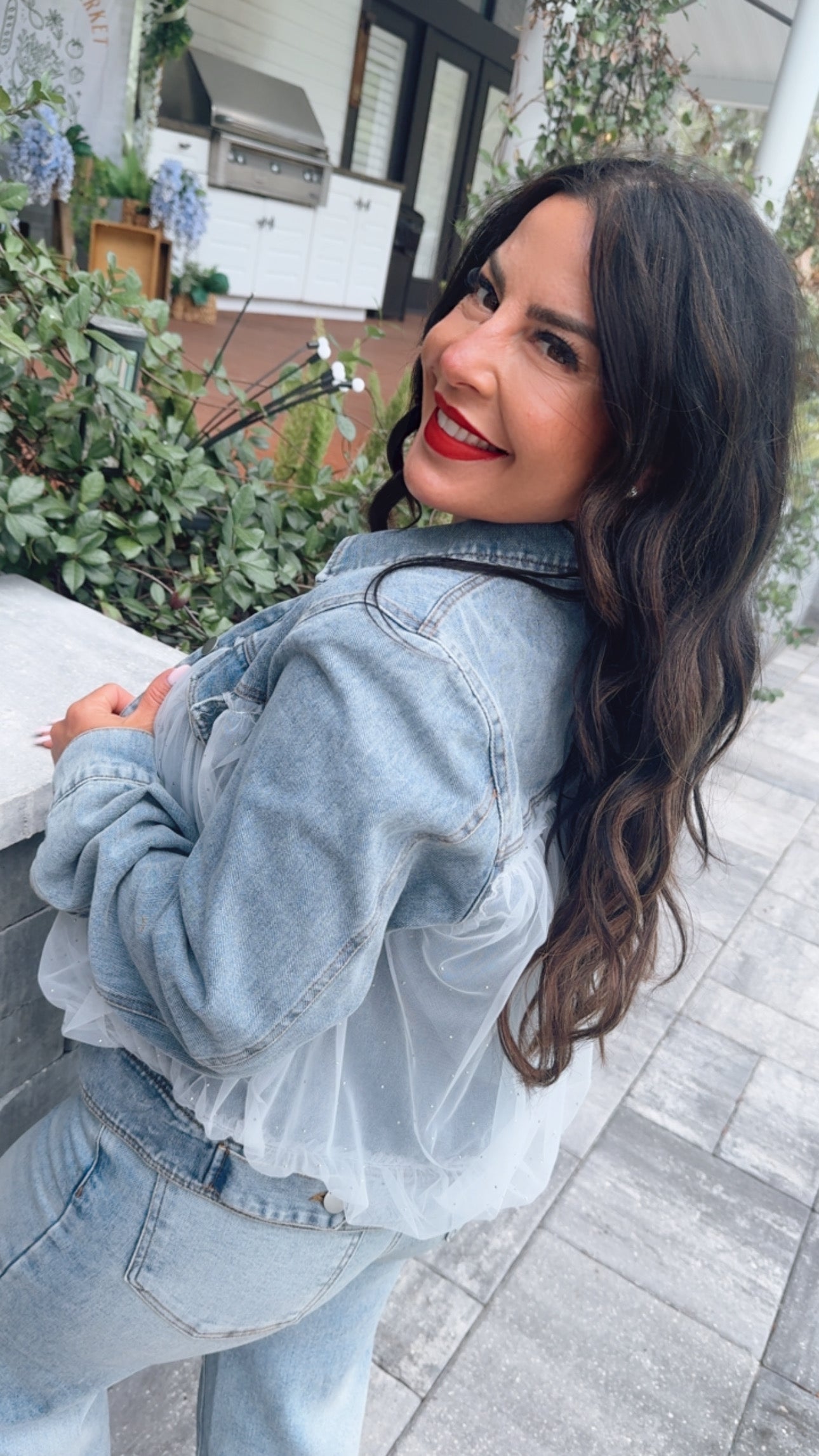 Denim And White Mesh Studded Jacket