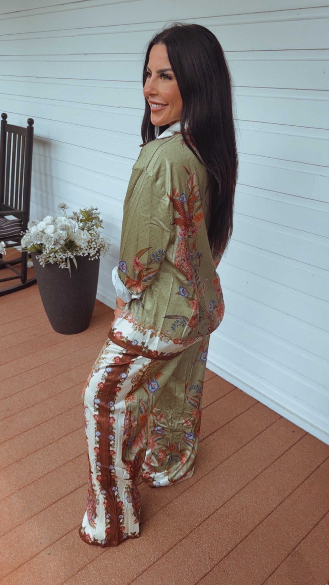 Luxe White Green And floral Silky Two Piece Set