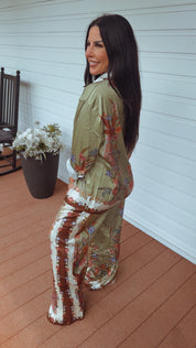 Luxe White Green And floral Silky Two Piece Set